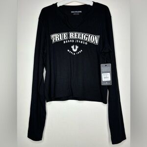 True Religion Ribbed V Notch Long Sleeve Top - Jet Black